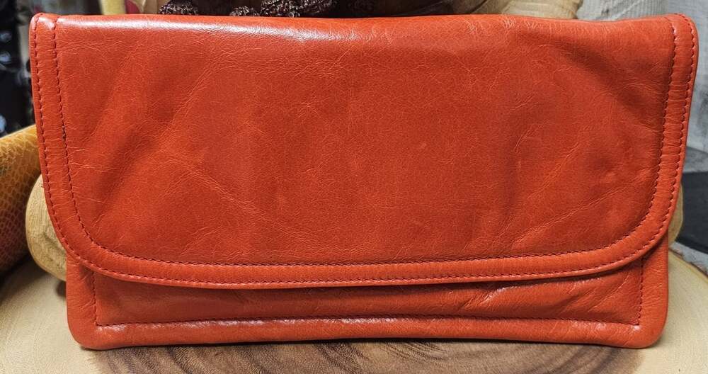 Latico Convertible Leather Clutch Wristlet Wallet Bright Orange Magnet Close